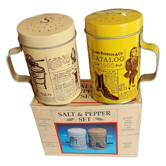 1970s Sears Vintage Catalog Range-Top Style Metal Salt & Pepper Shakers NIB - Picture 1 of 9